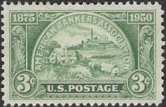 Green 3-cent U.S. postage stamp picturing farm and factory