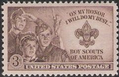 Brown 3-cent U.S. postage stamp picturing Boy Scouts