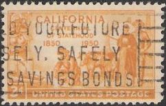 Yellow orange 3-cent U.S. postage stamp picturing settlers