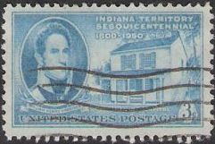 Blue 3-cent U.S. postage stamp picturing William Henry Harrison and first Indiana capitol