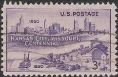 Purple 3-cent U.S. postage stamp picturing Kansas City skyline