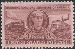 Brown 3-cent U.S. postage stamp picturing 'Casey' Jones and locomotives