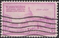 Pink 3-cent U.S. postage stamp picturing U.S. Capitol
