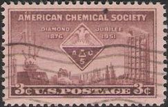 Brown violet 3-cent U.S. postage stamp picturing American Chemical Society symbol and equipment