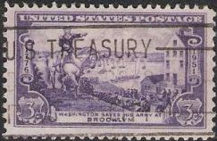 Purple 3-cent U.S. postage stamp picturing George Washington evacuating army from Brooklyn, New York