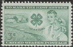 Green 3-cent U.S. postage stamp picturing farm, 4-H Clubs logo, boy, and girl