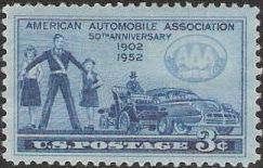 Blue 3-cent U.S. postage stamp picturing people and cars
