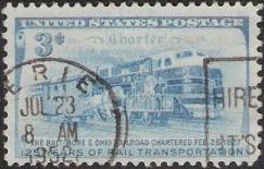 Blue 3-cent U.S postage stamp picturing trains