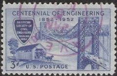 Blue 3-cent U.S. postage stamp picturing George Washington Bridge and covered wooden bridge