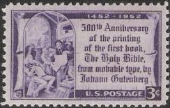 Purple 3-cent U.S. postage stamp picturing Johann Gutenberg