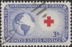 Blue and red 3-cent U.S. postage stamp picturing globe and Red Cross