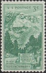 Green 3-cent U.S. postage stamp picturing Mount Rushmore