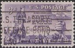 Purple 3-cent U.S. postage stamp picturing newspaper boy and torch