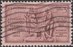 Brown 3-cent U.S. postage stamp picturing relief of James Monroe, Robert Livingston, and Marquis Francois de Barbe-Marbois