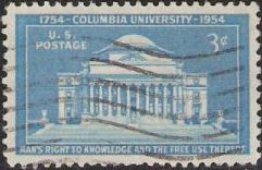 Blue 3-cent U.S. postage stamp picturing Low Memorial Library at Columbia University