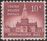 Red brown 10-cent U.S. postage stamp picturing Independence Hall