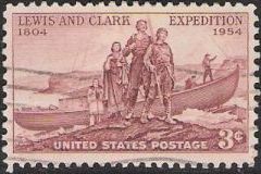 Brown 3-cent U.S. postage stamp picturing Meriwether Lewis, William Clark, and Sacagawea