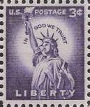 Purple 3-cent U.S. postage stamp picturing Statue of Liberty