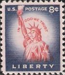 Violet blue and red 8-cent U.S. postage stamp picturing Statue of Liberty