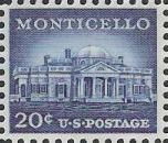 Blue 20-cent U.S. postage stamp picturing Monticello