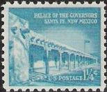 Turquoise 1.25-cent U.S. postage stamp picturing Palace of the Governors in Santa Fe, New Mexcio