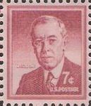 Carmine rose 7-cent U.S. postage stamp picturing Woodrow Wilson