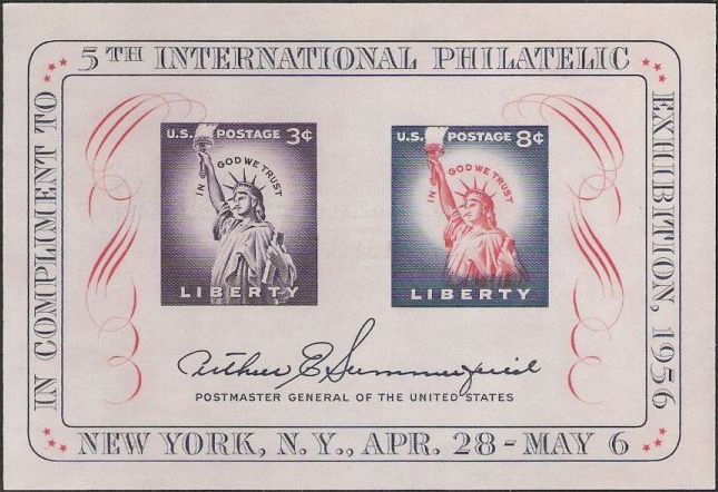 Souvenir sheet containing two stamps picturing Statue of Liberty