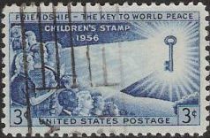 Blue 3-cent U.S. postage stamp picturing children and key