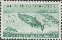 Blue green 3-cent U.S. postage stamp picturing king salmon