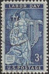 Blue 3-cent U.S. postage stamp picturing relief from AFL-CIO headquarters