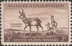 Brown 3-cent U.S. postage stamp picturing pronghorn antelope