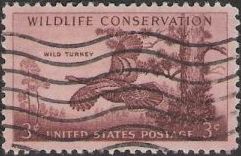 Purple brown 3-cent U.S. postage stamp picturing wild turkey
