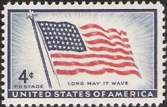 Blue and red U.S. postage stamp picturing American flag