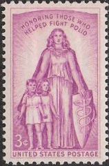 Pink 3-cent U.S. postage stamp picturing woman and children