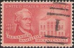 Red 3-cent U.S. postage stamp picturing Alexander Hamilton and Federal Hall in New York City