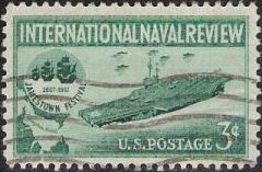 Green 3-cent U.S. postage stamp picturing ships