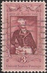 Red violet 3-cent U.S. postage stamp picturing Marquis de Lafayette