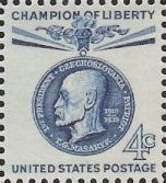 Blue 4-cent U.S. postage stamp picturing Thomas Masaryk