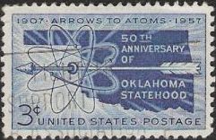 Blue 3-cent U.S. postage stamp picturing arrow through atom and outline of Oklahoma