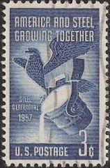 Blue 3-cent U.S. postage stamp picturing stylized eagle and bucket of molten steel