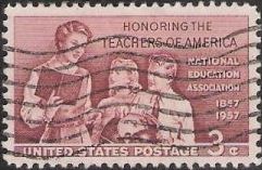Red violet 3-cent U.S. postage stamp picturing teacher and students