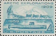 Green blue 4-cent U.S. postage stamp picturing submarine and dogs pulling sled