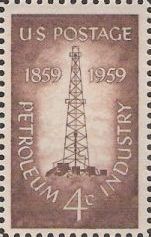 Brown 4-cent U.S. postage stamp picturing oil derrick