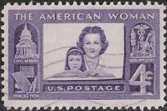Purple 4-cent U.S. postage stamp picturing woman and girl