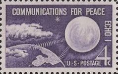 Purple 4-cent U.S. postage stamp picturing Echo I satellite