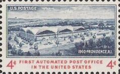 Blue and red 4-cent U.S. postage stamp picturing Providence, Rhode Island, post office