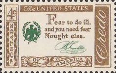 Brown and green 4-cent U.S. postage stamp bearing quote, 'Fear to do ill, and you need fear nought else'