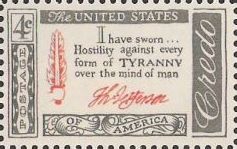Gray and red 4-cent U.S. postage stamp bearing quote, 'I have sworn...hostility against every form of tyranny over the mind of man'