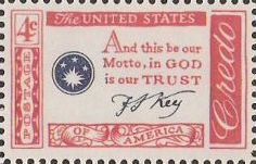 Red and blue 4-cent U.S. postage stamp bearing quote, 'And this be our motto, in God is our trust'