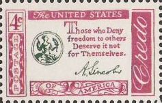 Maroon and black 4-cent U.S. postage stamp bearing quote, 'Those who deny freedom to others deserve it not for themselves'